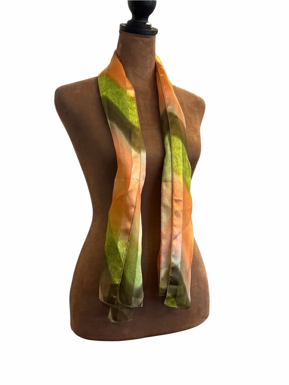 Long Scarf Colorful Zig Zag Pattern Green Orange 70s Satin Boho Hippie 50x13”